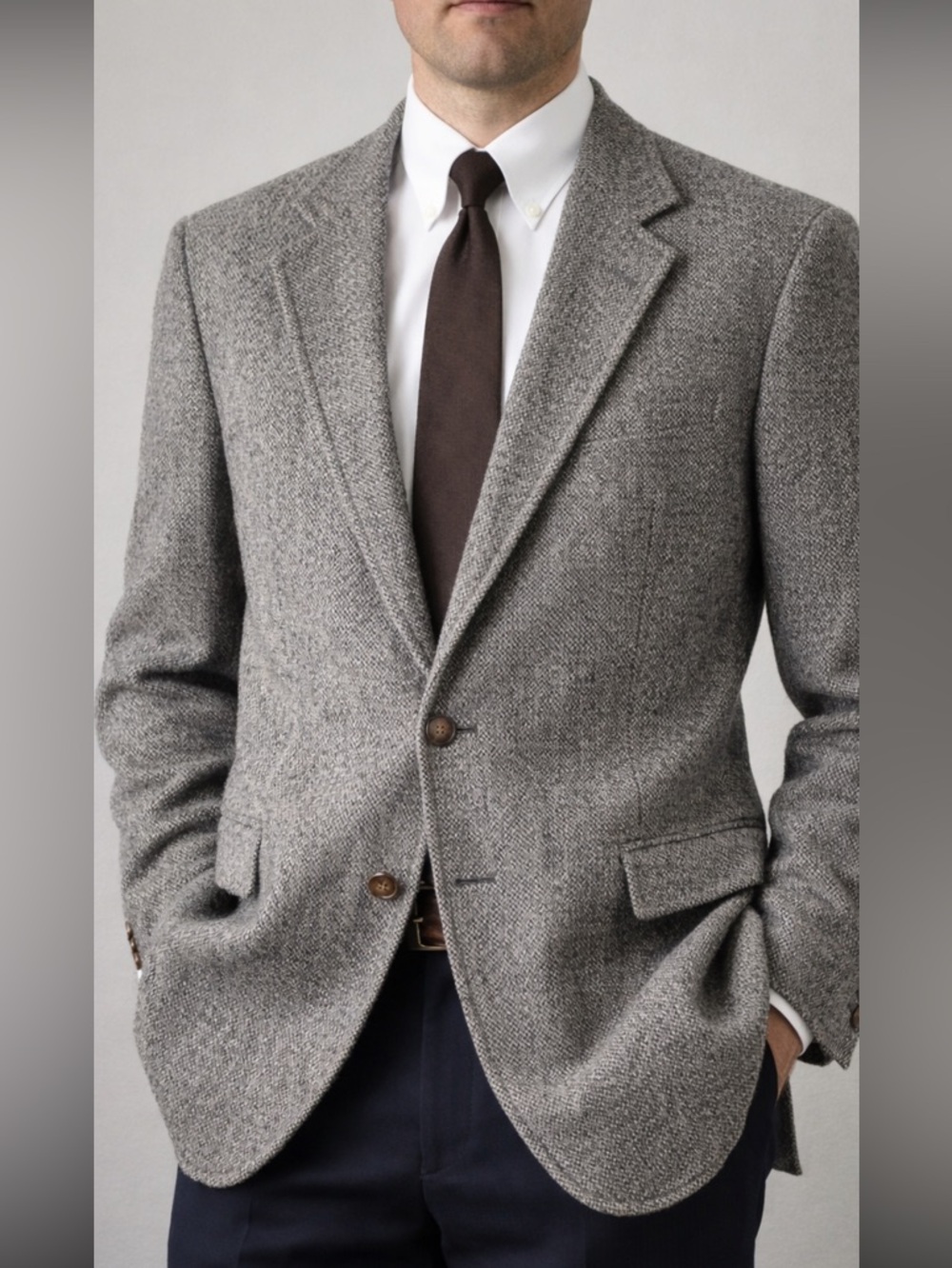 Harris Tweed Wool Blazer 42R Gray Herringbone Stanley Blacker USA